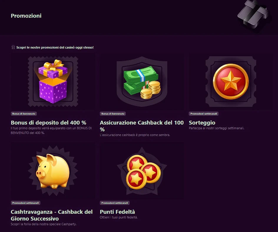 Sezione promozioni di Avantgarde Casino con bonus e cashback per l'Italia