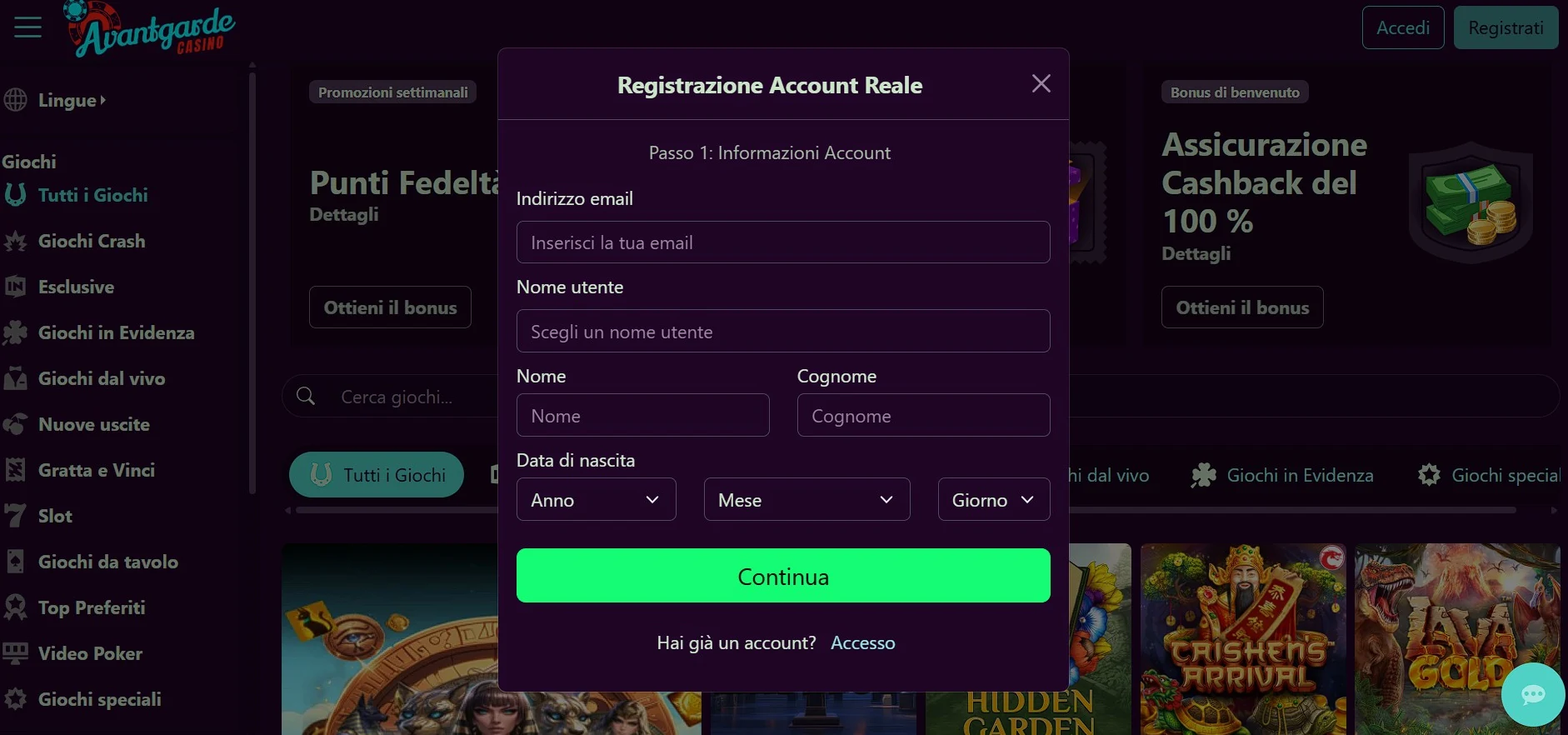 Registrazione del conto reale su Avantgarde Casino in Italia